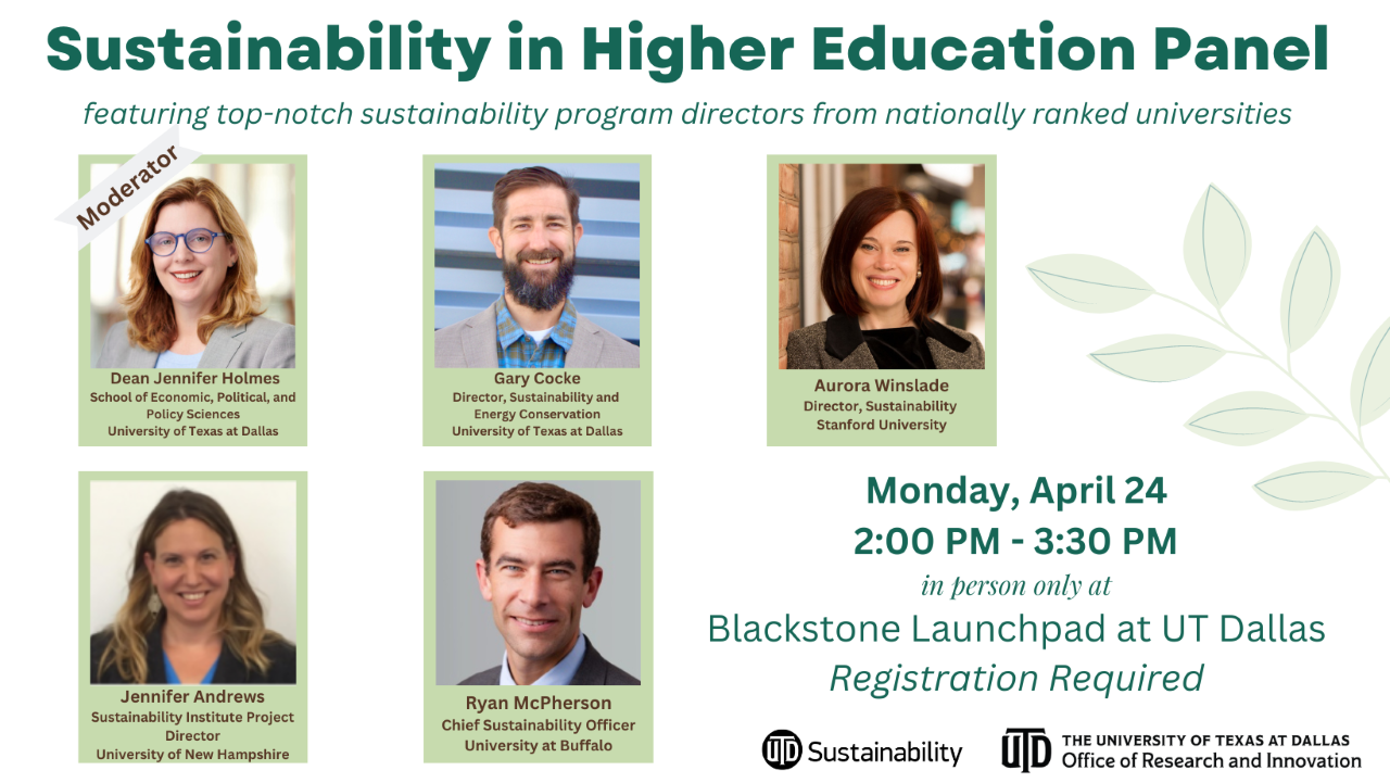 Sustainability in Higher Education Panel featuring top-notch sustainability program directors from nationally ranked universities.
Monday, April 24 2:00 pm to 3:30 pm in person only at Blackstone Launchpad at UT Dallas. Registration required.